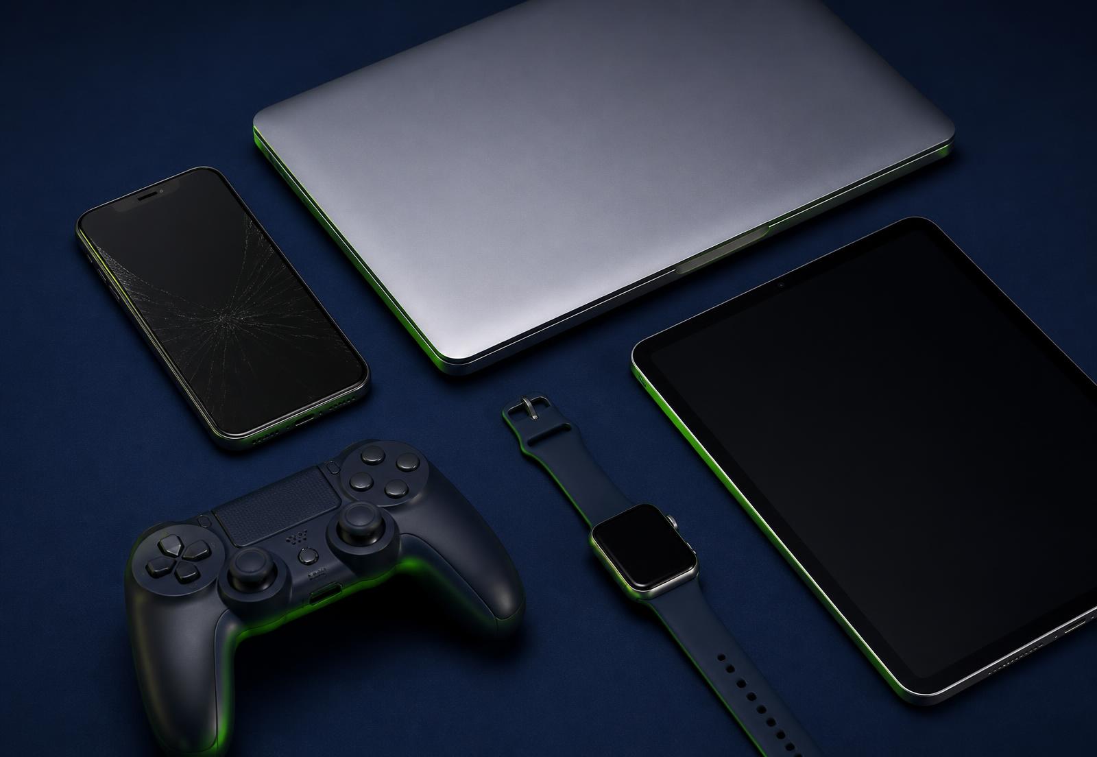 Smartphones, a laptop and a games console laid out ready for trade-in